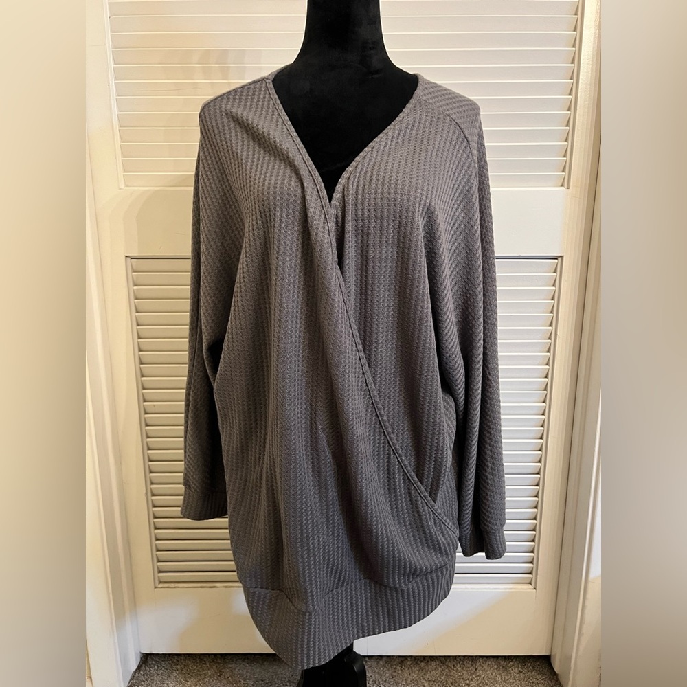 Women's Gray Waffle Knit Wrap Pullover Top